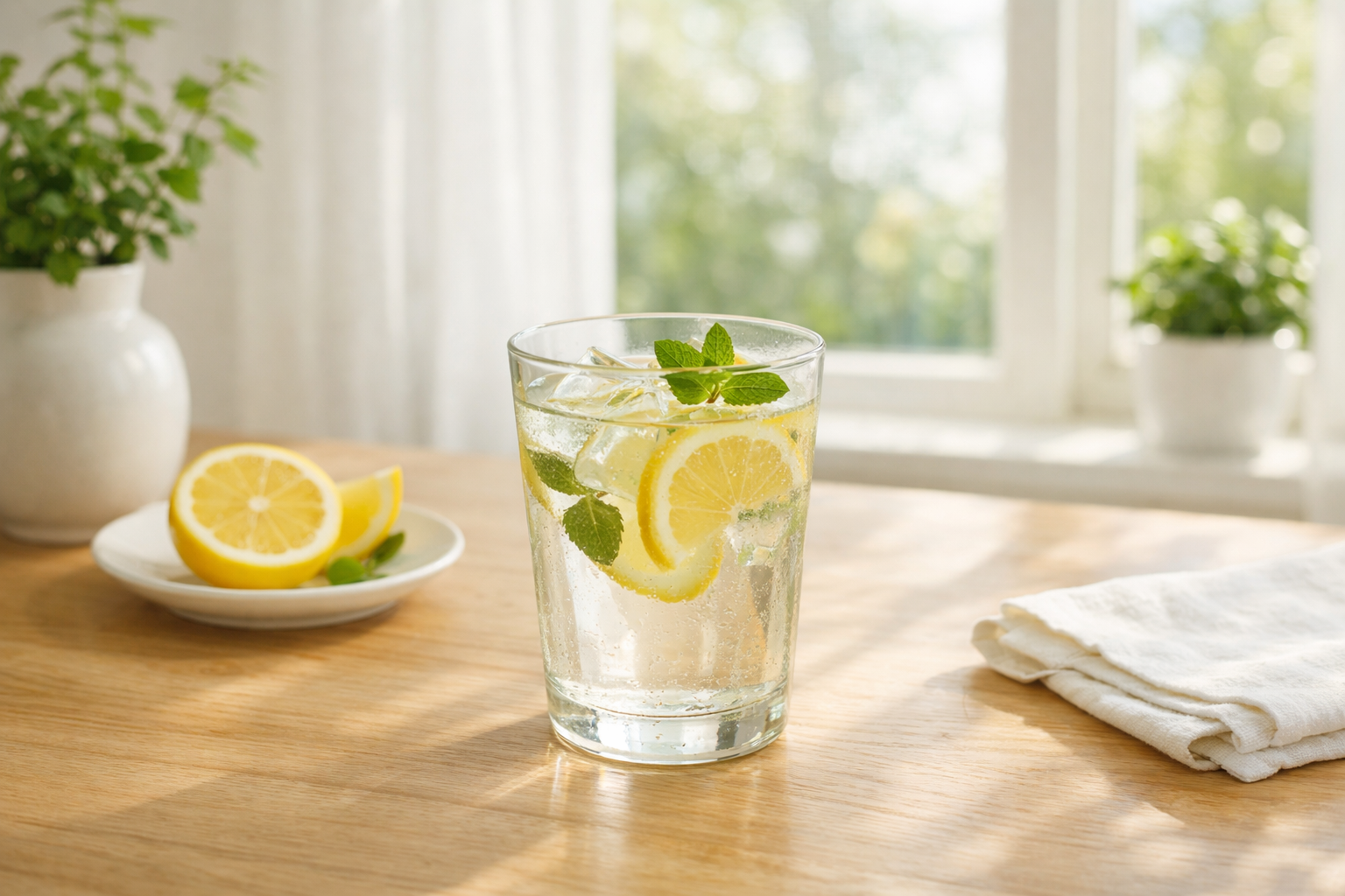 Bright morning scene with a glass of lemon water on a clean wooden table near a sunny window, soft natural lighting, fresh and minimal aesthetic
