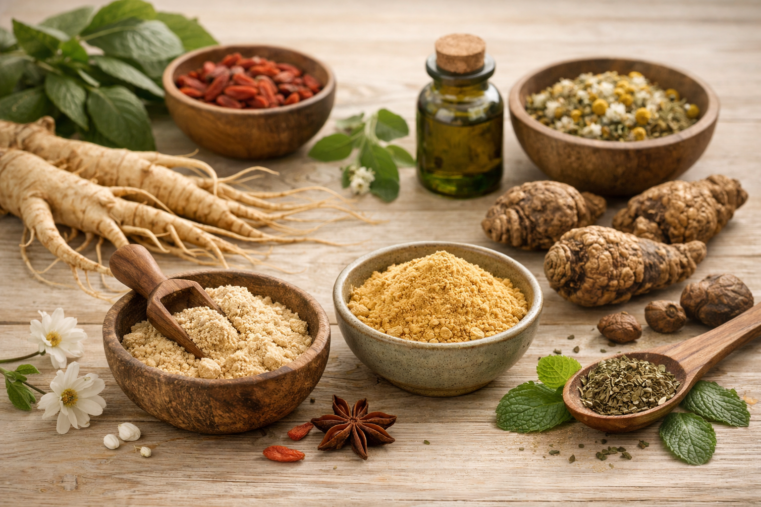 Natural herbal ingredients displayed on a light wooden surface, including ginseng root and maca powder in small bowls, soft diffused lighting, organic and wellness aesthetic